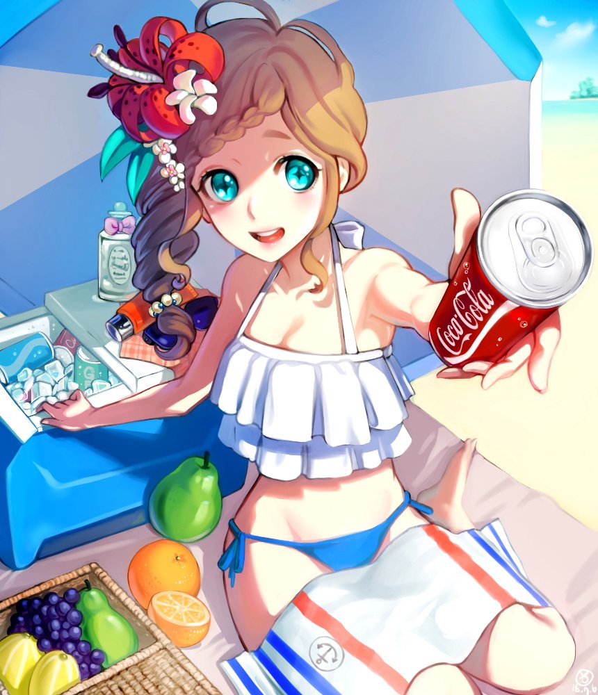 1girl aqua_eyes bikini blonde_hair blue_bikini blue_bikini_bottom blue_sky blush braid breasts can cleavage clouds cloudy_sky coca-cola cooler curly_hair dated day flower food foreshortening frilled_bikini frills fruit grapes hair_flower hair_ornament halter_top halterneck hibiscus hieung holding holding_can ice looking_at_viewer medium_breasts offering open_mouth orange original outdoors parasol pear picnic_basket red_flower side-tie_bikini signature sitting sky smile soda_can solo star star-shaped_pupils swimsuit symbol-shaped_pupils tareme teeth towel umbrella white_bikini white_bikini_top