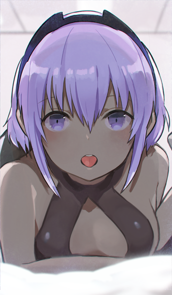 1girl :d assassin_(fate/prototype_fragments) bare_shoulders bed_sheet blush breasts dark_skin fate/grand_order fate/prototype fate/prototype:_fragments_of_blue_and_silver fate_(series) hair_between_eyes hairband halterneck indoors looking_at_viewer lying medium_breasts on_stomach open_mouth purple_hair short_hair sidelocks sleeveless smile solo tareme toi_(toiot) tongue upper_body violet_eyes