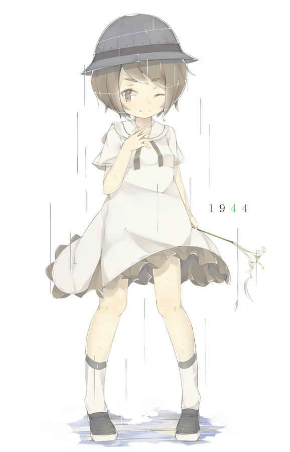 1944 1girl black_shoes blue_hat brown_eyes brown_hair cer_(cerber) closed_mouth dress eyebrows_visible_through_hair full_body hand_on_own_chest hat looking_at_viewer minekaze_(zhan_jian_shao_nyu) one_eye_closed pigeon-toed rain sailor_dress school_hat shoes short_sleeves smile socks solo standing text white_background white_dress white_legwear zhan_jian_shao_nyu
