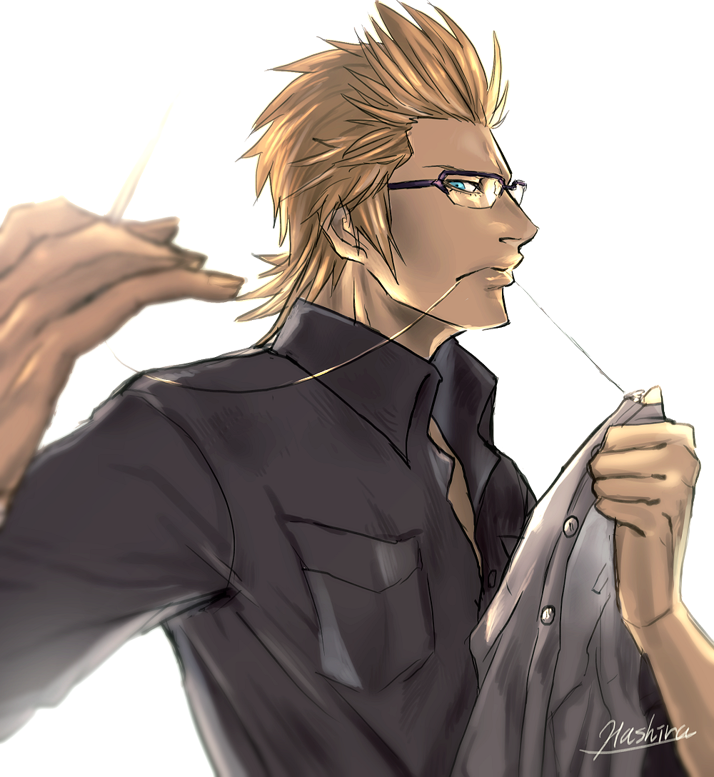 1boy brown_hair dress_shirt final_fantasy final_fantasy_xv glasses hashira_w ignis_scientia male_focus mouth_hold needle sewing sewing_needle shirt solo