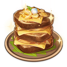 "pile_'em_up"_(genshin_impact) artist_request blue_flower cheese commentary english_commentary flower food food_focus genshin_impact leaf lowres no_humans official_art plate potato sparkle steak still_life third-party_source transparent_background