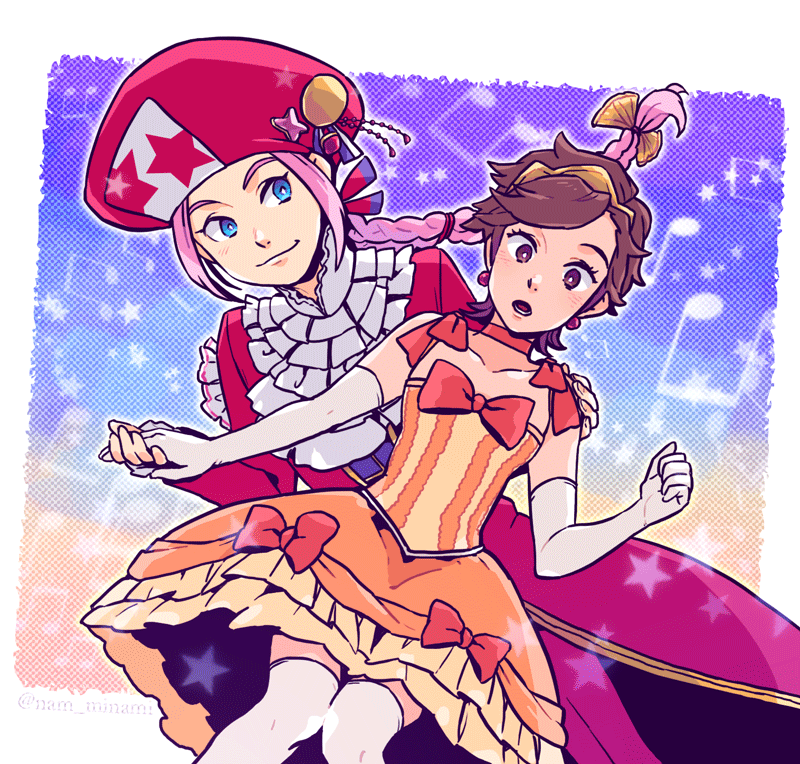 1boy 1girl beamed_quavers beret blue_eyes bow braid bright_pupils brown_eyes brown_hair classicaloid cravat dancing dramatica dress earrings elbow_gloves frilled_dress frills gloves hat jewelry long_hair looking_at_another ludwig_van_beethoven_(classicaloid) musical_note otowa_kanae pink_hair red_ribbon ribbon single_braid sleeveless smile star thigh-highs twitter_username white_gloves white_legwear wolfgang_amadeus_mozart_(classicaloid)