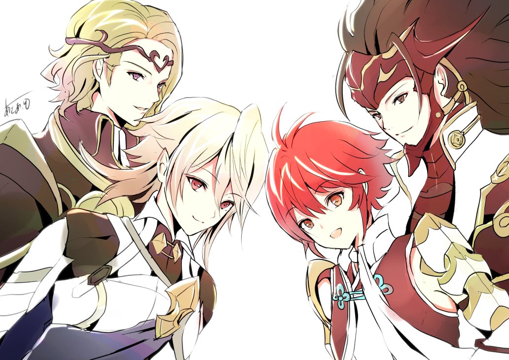 1girl 3boys armor atoatto blonde_hair brown_hair fire_emblem fire_emblem_if headgear hinoka_(fire_emblem_if) japanese_clothes looking_at_viewer male_my_unit_(fire_emblem_if) marx_(fire_emblem_if) multiple_boys my_unit_(fire_emblem_if) red_eyes redhead ryouma_(fire_emblem_if) signature silver_hair simple_background smile white_background