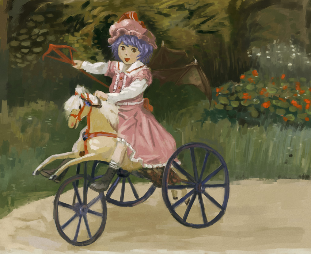 1girl amibazh arm_up bat_wings commentary dress faux_traditional_media fine_art_parody flower happy hat horse looking_at_viewer mob_cap open_mouth outdoors parody playing polearm purple_hair remilia_scarlet rocking_horse short_hair smile solo spear spear_the_gungnir touhou tricycle weapon wings younger