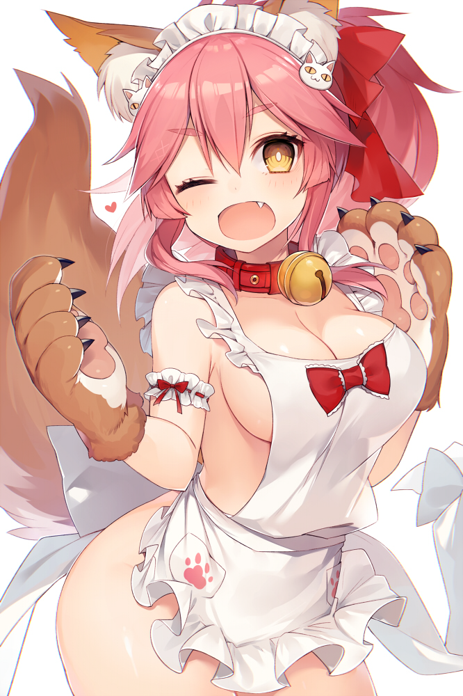 1girl ;d animal_ears apron arm_garter bell bell_collar blush breasts cat_hair_ornament cleavage collar fate/grand_order fate_(series) fox_ears fox_tail hair_ornament hair_ribbon heart jingle_bell large_breasts long_hair looking_at_viewer muryotaro naked_apron one_eye_closed open_mouth paws pink_hair ponytail ribbon simple_background smile solo tail tamamo_(fate)_(all) tamamo_cat_(fate) white_background yellow_eyes