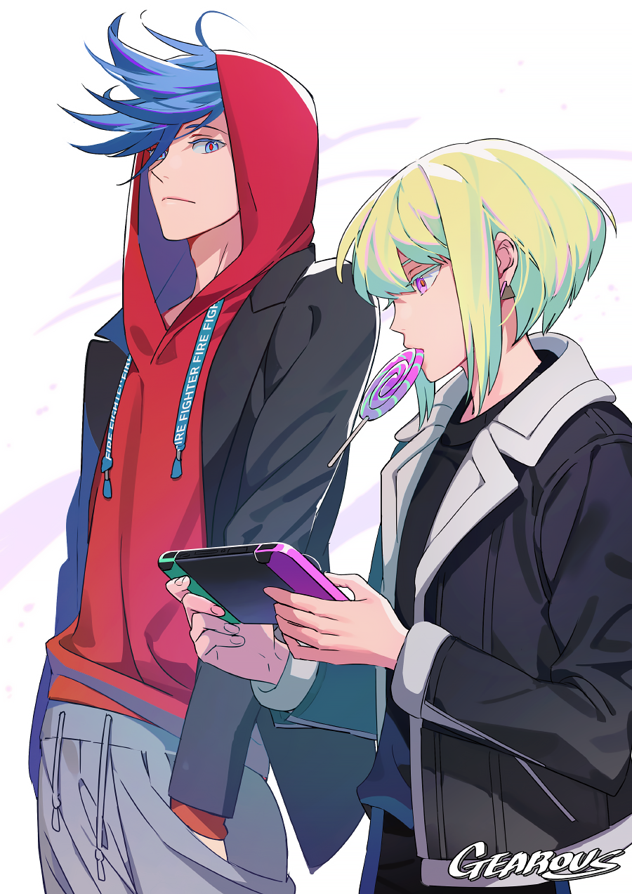 2boys artist_name blue_eyes blue_hair candy coat food galo_thymos gearous green_hair hands_in_pockets highres hood hood_up hoodie lio_fotia lollipop male_focus mouth_hold multiple_boys nintendo_switch pants promare sweatpants violet_eyes