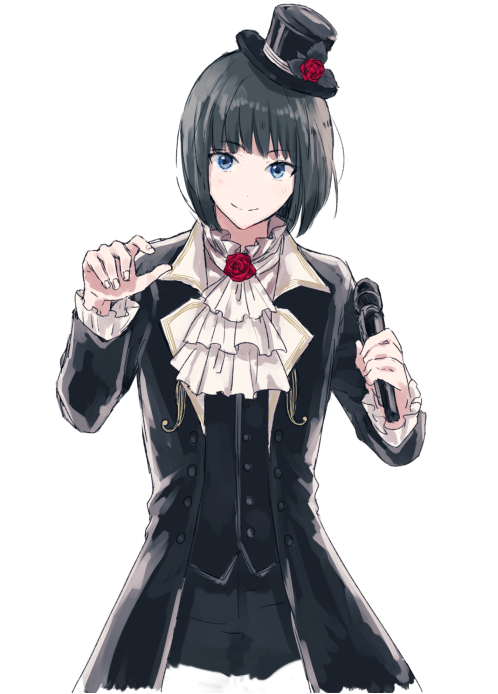 1boy black_hair blue_eyes closed_mouth coat cravat eyebrows_visible_through_hair hat idol idolmaster idolmaster_side-m kagura_rei looking_at_viewer male_focus microphone mini_hat mini_top_hat open_clothes open_coat smile solo top_hat upper_body urahara white_background