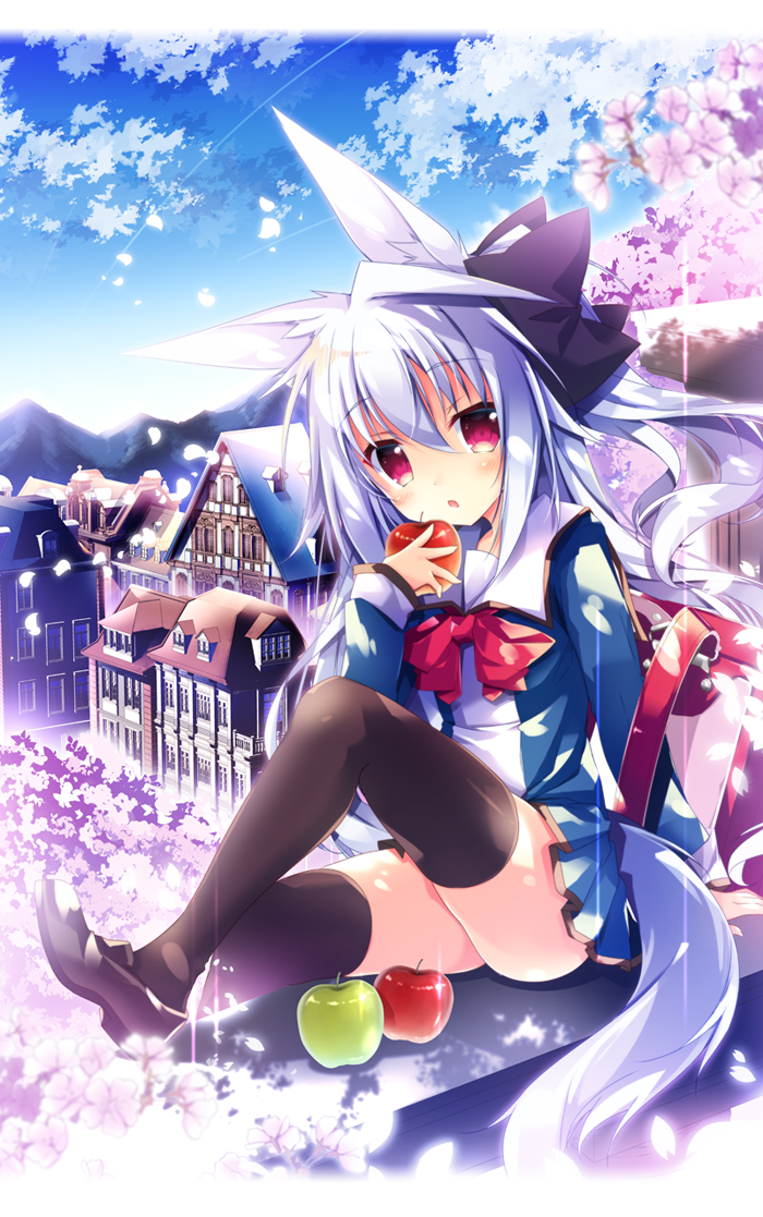 1girl animal_ears apple black_bow black_legwear black_shoes blue_skirt blush bow food fruit hair_bow hakoniwa_oukoku_no_souzoushu-sama holding holding_fruit knee_up ledge loafers long_sleeves looking_at_viewer nanamomo_rio parted_lips pleated_skirt red_eyes sailor_collar serafuk shoes sitting skirt solo thigh-highs thighs town white_hair wolf_ears wolf_tail