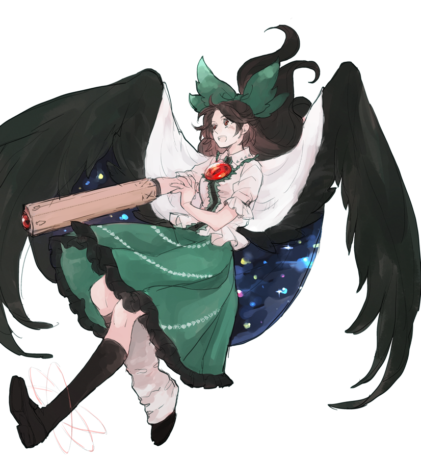 1girl arm_cannon asakura_noi blouse bow breasts brown_hair cape frills hair_bow kneehighs long_hair open_mouth red_eyes reiuji_utsuho shoes sketch skirt smile solo third_eye touhou weapon white_background wings