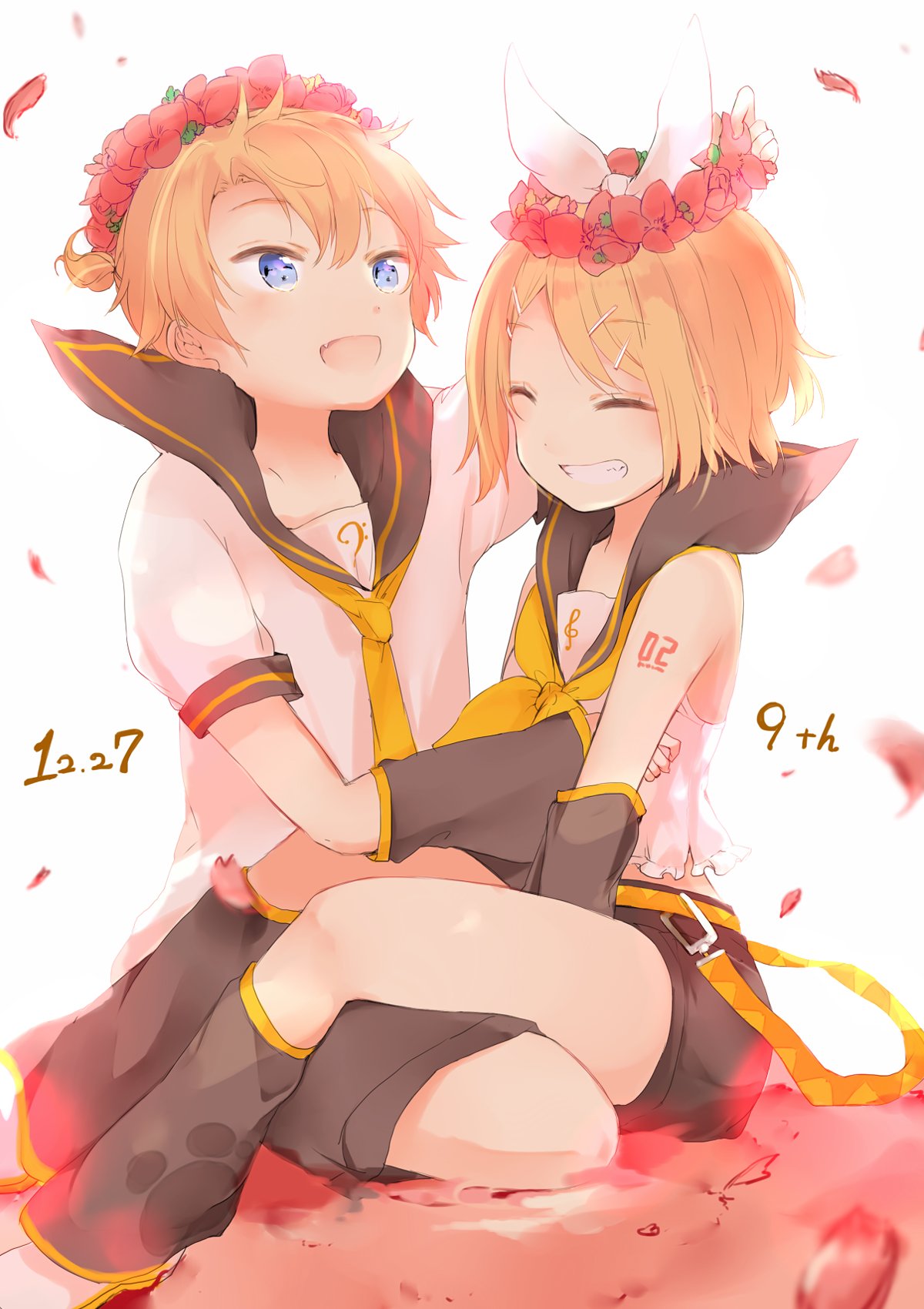 1boy 1girl anniversary arm_tattoo bass_clef blonde_hair bloom blue_eyes blurry bow brother_and_sister closed_eyes dated depth_of_field detached_sleeves fang flower frilled_shirt frills grin hair_bow hair_ornament hairclip happy happy_birthday head_wreath headphones headset highres kagamine_len kagamine_rin kneeling motion_blur necktie open_mouth oyamade_(pi0v0jg) petals red_flower sailor_collar shirt short_hair shorts siblings sitting sitting_on_lap sitting_on_person smile tattoo treble_clef twins vocaloid yellow_necktie