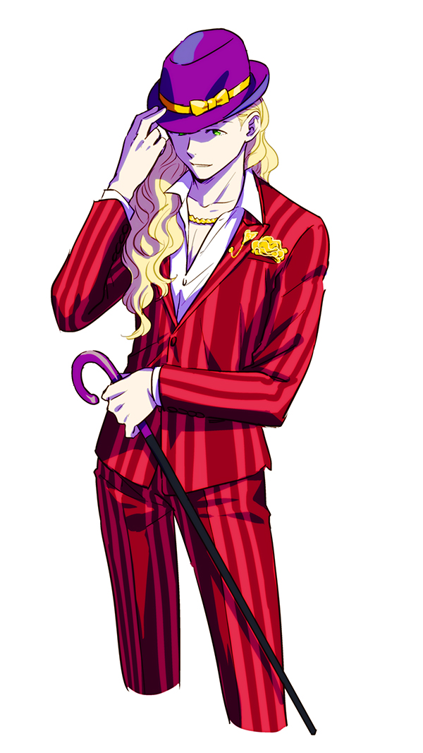 1boy adjusting_clothes adjusting_hat alternate_costume blonde_hair cane chains formal gold_chain green_eyes hanamura_shouma hat idolmaster idolmaster_side-m long_hair looking_at_viewer parted_lips pinstripe_pattern solo suit white_background youhe_hino