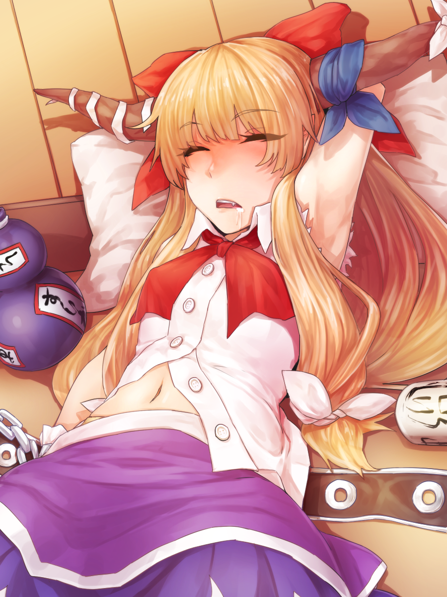 1girl arm_at_side arm_behind_head arm_up armpits belt blonde_hair bow buttons chains closed_eyes collared_shirt cowboy_shot cup eyebrows_visible_through_hair fang gourd hair_bow highres horn_ribbon horns ibuki_suika indoors ldl_(bcw1025) long_hair lying midriff_peek navel on_back oni open_mouth partially_unbuttoned pillow ribbon saliva saliva_trail shirt skirt sleeping sleeveless sleeveless_shirt solo stomach touhou unbuckled_belt wing_collar
