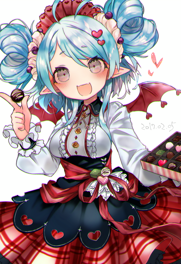 1girl 2017 :d antenna_hair bangs bat_wings blue_hair box breasts center_frills chocolate chocolate_heart chromatic_aberration collared_shirt corsage cowboy_shot cream cross cube dated diamond_(shape) double_bun eyebrows_visible_through_hair fangs flower food food_themed_hair_ornament fork gift gift_box grey_eyes grey_eyes hair_ornament heart heart_cutout himehi holding holding_food inverted_cross lace looking_at_viewer maid_headdress medium_breasts open_mouth original overskirt plaid plaid_skirt pleated_skirt pointy_ears red_ribbon red_skirt red_wings ribbon rose sash shirt simple_background skirt smile solo sphere spoon swept_bangs underbust valentine white_background white_shirt wings wrist_cuffs yellow_rose