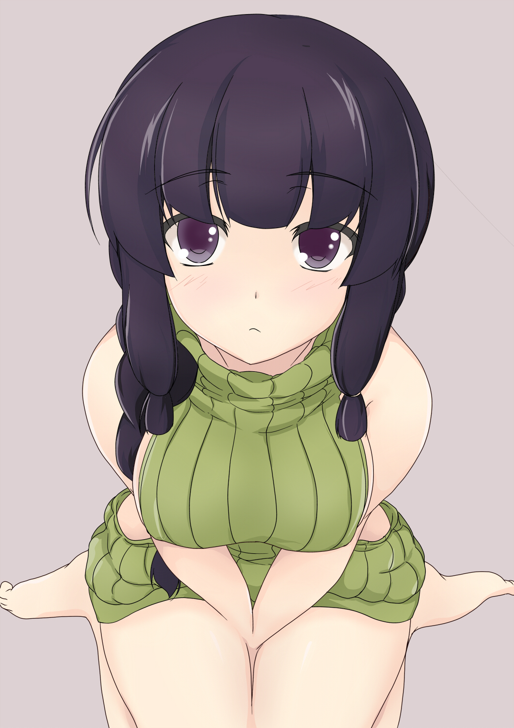 1girl backless_outfit bangs bare_arms bare_back bare_legs bare_shoulders black_eyes black_hair blunt_bangs breasts dress from_above halterneck highres kantai_collection kiri_(foxsnake) kitakami_(kantai_collection) looking_at_viewer naked_sweater ribbed_sweater sideboob sitting sweater sweater_dress turtleneck turtleneck_sweater virgin_killer_sweater