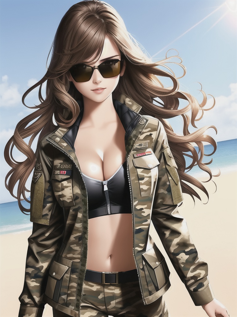 1girl army_uniform at beach bra brown_hair camo cleavage large_breasts long_hair looking navel open_jacket shmebulock36 smiling solo sunglasses viewer wavy_hair