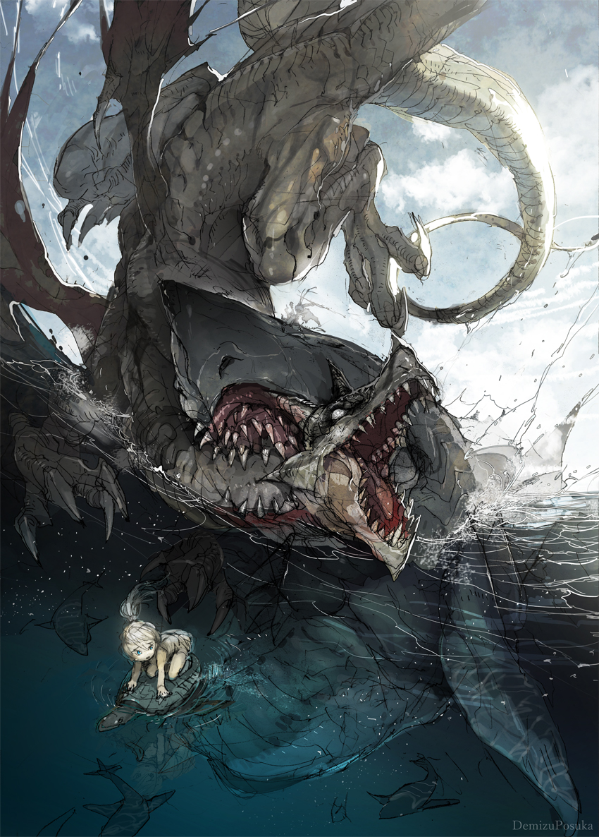 1girl arm_support artist_name blonde_hair blue_eyes claws clouds commentary_request day demizu_posuka dolphin dragon kneeling long_hair looking_to_the_side monster ocean on_animal open_mouth original outdoors sharp_teeth spikes splashing swimming teeth tongue turtle water water_drop