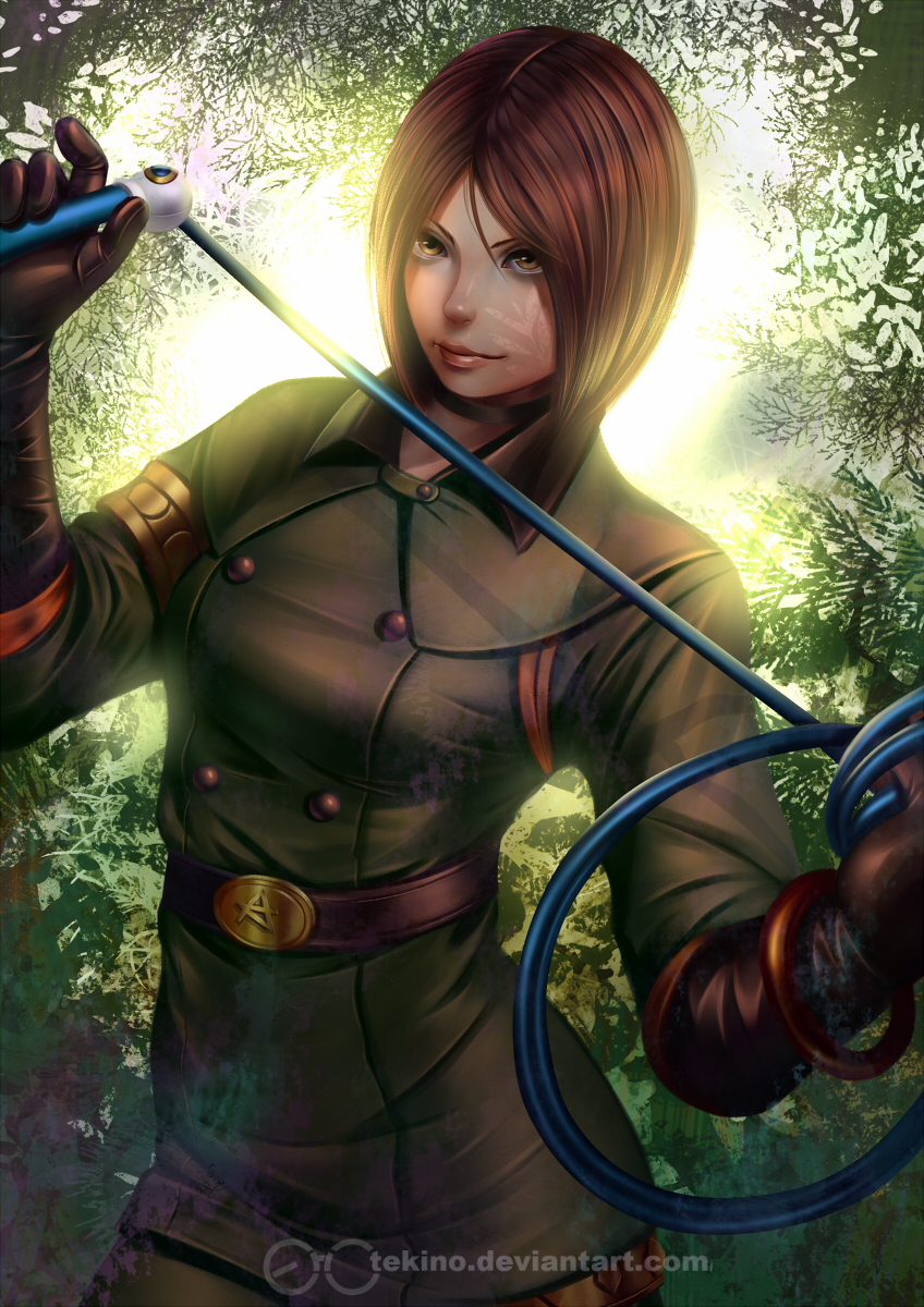 1girl armband backlighting bangle bangs bob_cut bracelet breasts brown_gloves brown_hair choker dappled_sunlight gloves highres jacket jewelry light_smile lips military military_uniform nose parted_bangs short_hair small_breasts solo sunlight tekino the_king_of_fighters uniform watermark web_address whip whip_(kof)