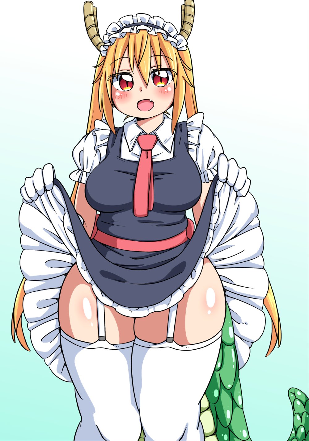 1girl artist_request blonde_hair blush breasts curvy dragon_girl dragon_horns dragon_tail garter_straps highres horns huge_breasts kobayashi-san_chi_no_maidragon long_hair looking_at_viewer maid maid_headdress open_mouth orange_eyes orange_hair plump red_eyes shiny shiny_skin skirt skirt_lift smile solo tail thick_thighs thigh-highs thighs tooru_(maidragon) twintails wide_hips