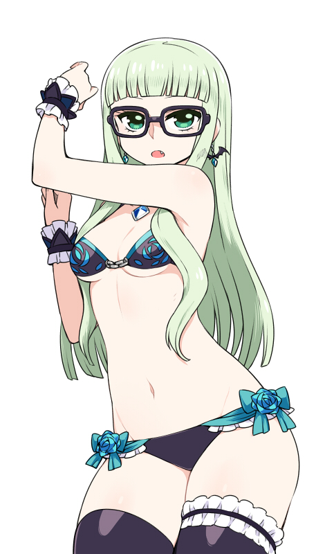 1girl :o aikatsu! arm_up bangs bare_arms bare_shoulders bat_earrings bespectacled bikini black-framed_eyewear black_bikini black_legwear blue_bow blunt_bangs bow bow_bikini breasts chan_co cowboy_shot earrings fang frilled_bikini frilled_cuffs frilled_legwear frills glasses green_eyes green_hair jewelry long_hair looking_at_viewer navel necklace open_mouth pendant revision sidelocks simple_background small_breasts solo swimsuit thigh-highs toudou_yurika white_background wrist_cuffs