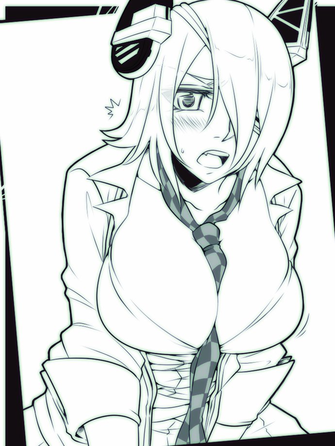 1girl between_breasts blush bra breasts checkered checkered_necktie commentary_request eyepatch greyscale hair_over_one_eye headgear kantai_collection large_breasts leaning_forward long_sleeves looking_at_viewer monochrome necktie necktie_between_breasts neko_majin open_clothes open_mouth open_shirt shirt short_hair solo surprised sweatdrop tenryuu_(kantai_collection) underwear upper_body white_background