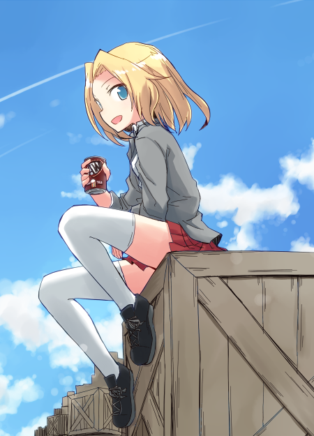 1girl a&amp;w blazer blonde_hair blue_eyes blue_shoes box clouds cloudy_sky day from_side girls_und_panzer grey_jacket hair_intakes holding jacket kakizaki_(chou_neji) kay_(girls_und_panzer) long_hair long_sleeves looking_at_viewer miniskirt open_clothes open_jacket open_mouth outdoors pleated_skirt red_skirt root_beer school_uniform shoes sitting skirt sky sleeves_rolled_up smile sneakers solo thigh-highs white_legwear