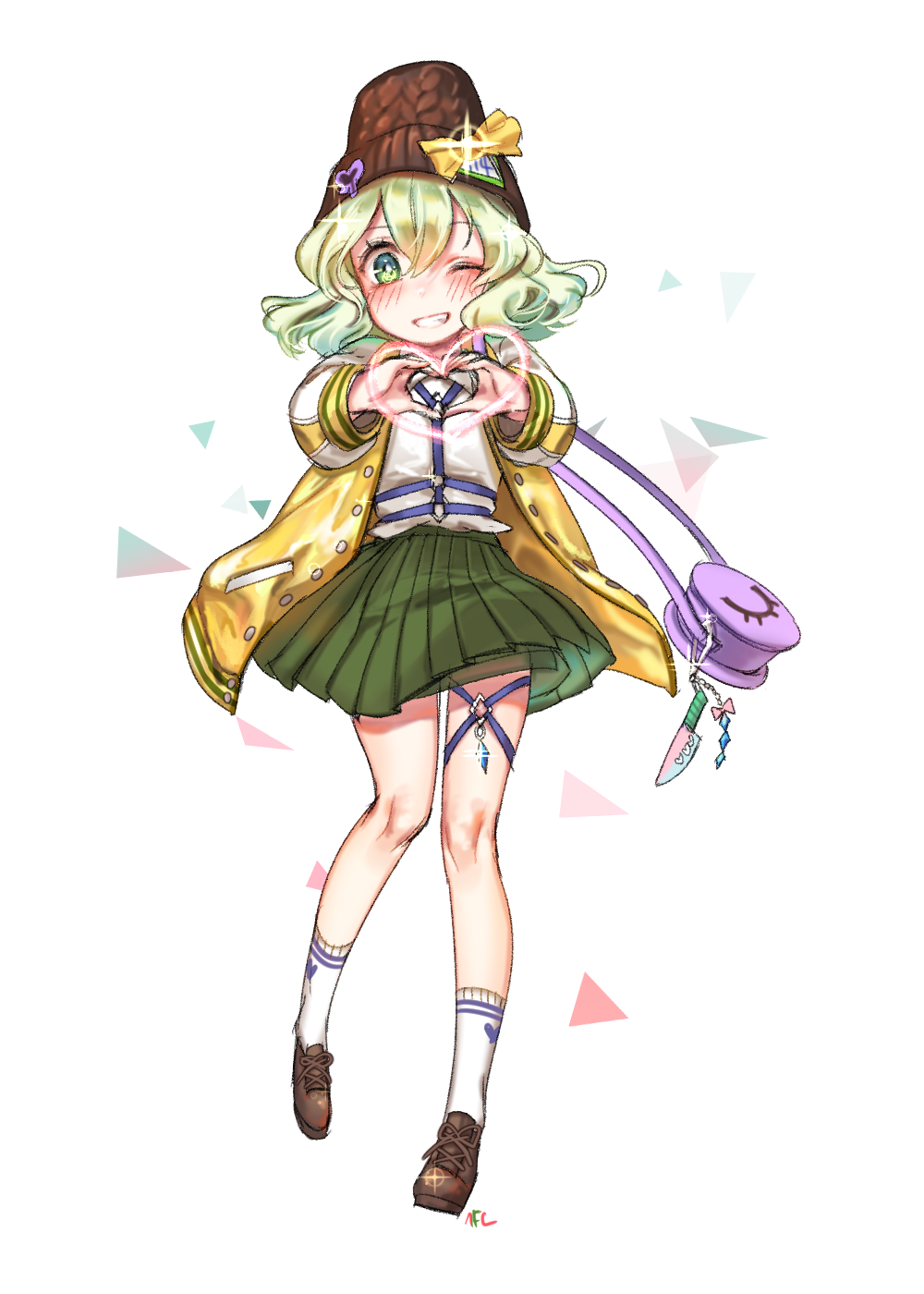 1girl adapted_costume bag beanie blush brown_shoes buttons full_body green_eyes green_hair green_skirt hat heart heart_hands highres jacket komeiji_koishi long_sleeves looking_at_viewer one_eye_closed pocket shirt shoes shoulder_bag simple_background skirt smile socks solo teeth tis_(shan0x0shan) touhou white_background white_legwear white_shirt yellow_jacket