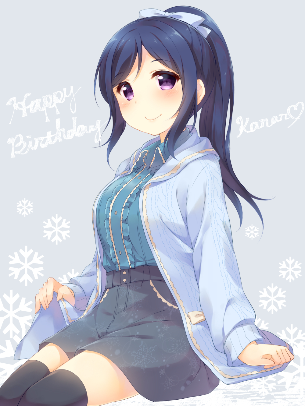 1girl birthday blue_hair blue_ribbon breasts english happy_birthday hazuki_(sutasuta) highres hood hooded_jacket hoodie jacket large_breasts love_live! love_live!_sunshine!! matsuura_kanan ponytail ribbon short_shorts shorts sitting snowflake_background solo thigh-highs violet_eyes zettai_ryouiki