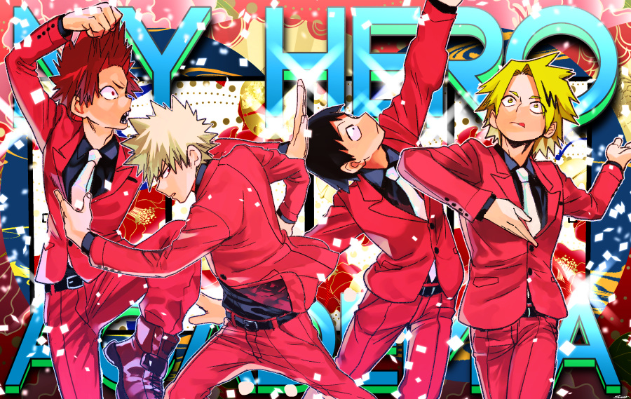 4boys :p bakugou_katsuki belt black_hair blonde_hair boku_no_hero_academia boots clenched_hand confetti copyright_name fighting_stance formal kaminari_denki kirishima_eijirou looking_up male_focus multiple_boys necktie parted_lips platinum_blonde pose red_eyes red_suit redhead sero_hanta sharp_teeth shoco_(sco_labo) suit teeth tongue tongue_out village_man's_store white_necktie yellow_eyes