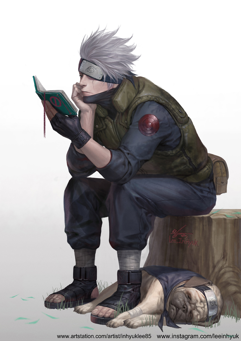 1boy dog fingerless_gloves forehead_protector gloves grey_hair hatake_kakashi in-hyuk_lee naruto open_toe_shoes pakkun reading scar shoes single_glove sitting tree_stump watermark web_address