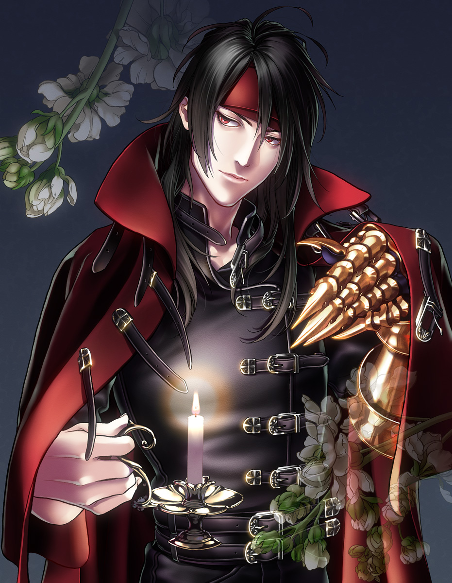 1boy belt black_hair candle cape final_fantasy final_fantasy_vii flower gauntlets headband highres long_hair male_focus multiple_belts red_eyes solo vincent_valentine yonesuke