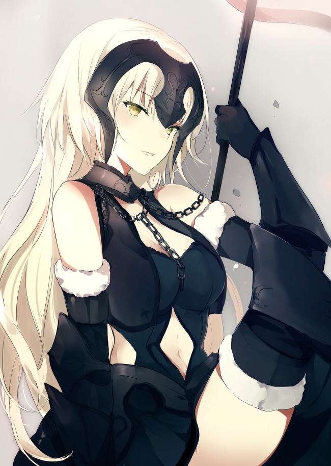 1girl :d arm_at_side arm_guards bare_shoulders black_boots black_dress black_gloves blonde_hair blush boots breasts chains cleavage collar dress elbow_gloves eyebrows_visible_through_hair fate/grand_order fate_(series) fur-trimmed_gloves fur-trimmed_legwear fur_trim gloves grey_background head_tilt headpiece holding holding_staff jeanne_alter knees_up long_hair looking_at_viewer lpip medium_breasts navel navel_cutout open_mouth ruler_(fate/apocrypha) simple_background sitting sleeveless sleeveless_dress smile solo staff stomach thigh-highs thigh_boots very_long_hair yellow_eyes