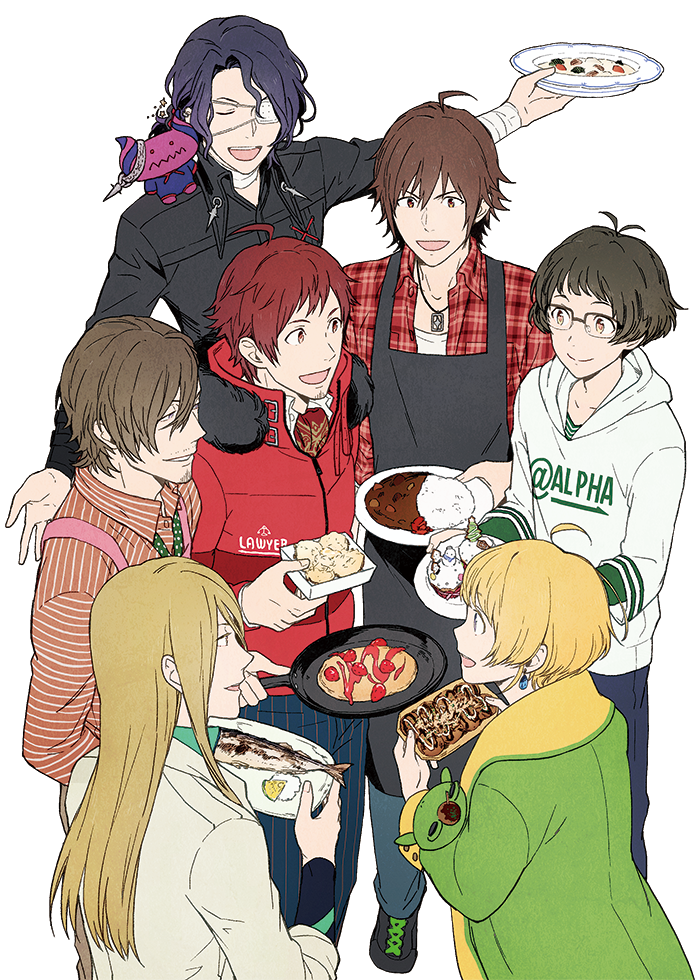 6+boys ahoge akizuki_ryou amagase_touma asselin_bb_ii blonde_hair bowl brown_eyes brown_hair curry earrings egawa_satsuki eyepatch facial_hair fish food glasses goatee idolmaster idolmaster_side-m jewelry kaeru_(idolmaster) koron_chris labcoat long_hair long_sleeves multiple_boys necklace pancake parted_lips pierre_(idolmaster) plate redhead satan_(idolmaster) stuffed_toy takoyaki tendou_teru violet_eyes wavy_hair