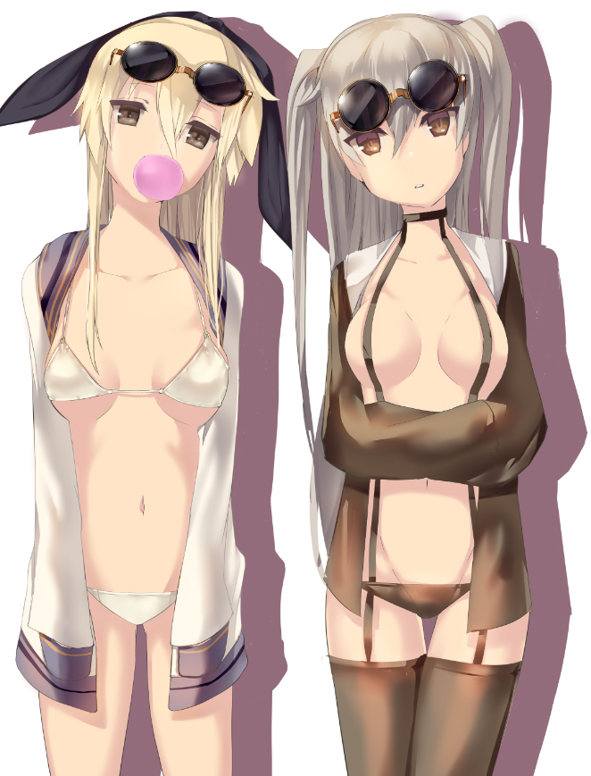 2girls amatsukaze_(kantai_collection) armadillo-tokage bikini black_legwear breasts brown_dress brown_eyes bubble_blowing collarbone cowboy_shot crossed_arms dress garter_straps groin hairband kantai_collection long_hair long_sleeves looking_at_viewer midriff multiple_girls open_clothes parted_lips sailor_dress shimakaze_(kantai_collection) short_dress silver_hair sleeves_past_wrists small_breasts sunglasses swimsuit thigh-highs thighs two_side_up white_bikini