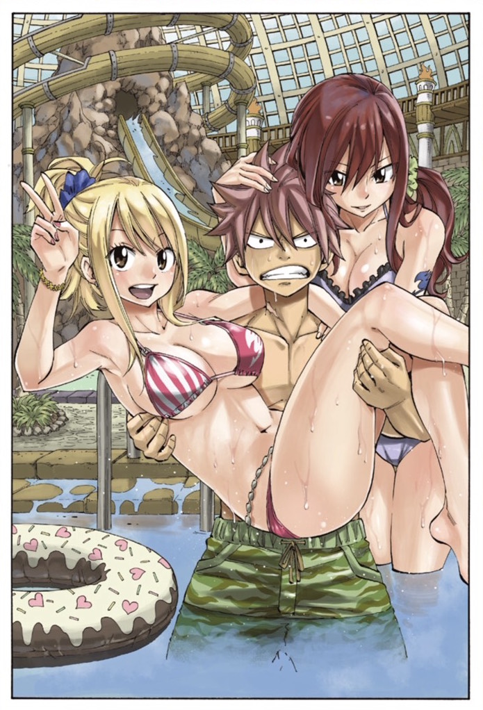 1boy 2girls bikini blonde_hair bracelet breasts brown_eyes cleavage clenched_teeth erza_scarlet fairy_tail hair_between_eyes hair_ornament hair_scrunchie hand_in_hair innertube jewelry large_breasts long_hair looking_at_viewer lucy_heartfilia mashima_hiro multiple_girls nail_polish natsu_dragneel official_art open_mouth pink_hair pink_nails ponytail redhead scrunchie shiny shiny_skin sideboob soaking_feet spiky_hair swimsuit swimwear tattoo teeth under_boob v wet