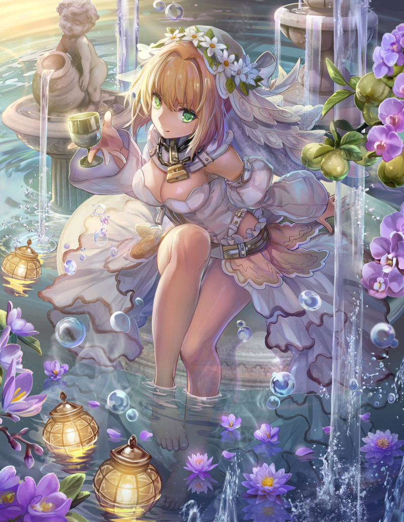 1girl bangs barefoot belt blonde_hair breasts bridal_veil cleavage closed_mouth commentary_request cup detached_collar detached_sleeves eyebrows_visible_through_hair fate/extra fate/extra_ccc fate_(series) fountain goblet green_eyes hair_between_eyes hair_intakes hand_up holding holding_cup knee_up large_breasts lock looking_at_viewer padlock petals petals_on_water purple_flower saber_bride saber_extra sculpture short_hair_with_long_locks showgirl_skirt sitting smile soaking_feet solo torino_akua veil wide_sleeves