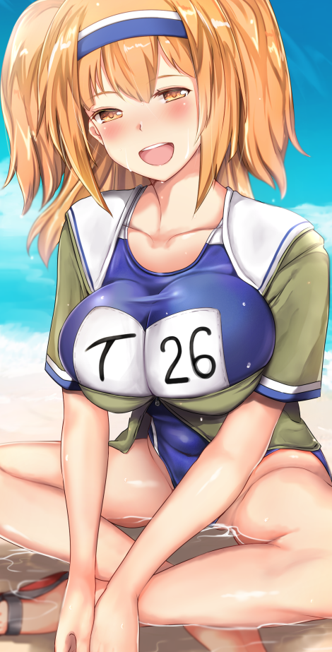 1girl beach blush breasts brown_eyes brown_hair collarbone covered_navel green_jacket hands_together headband i-26_(kantai_collection) impossible_clothes impossible_swimsuit jacket kantai_collection large_breasts legs_crossed looking_at_viewer open_mouth partially_submerged school_uniform sitting sky solo swimsuit swimsuit_under_clothes teeth twintails untsue