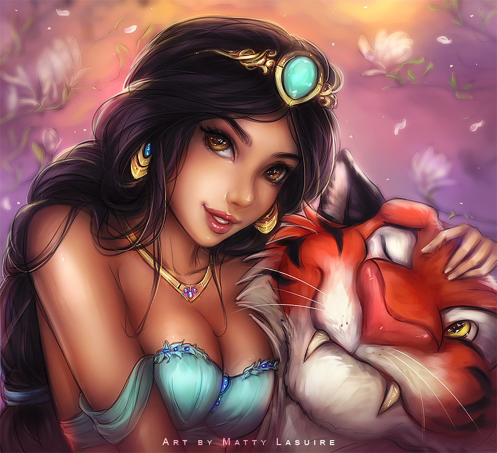 1girl aladdin_(disney) arabian_clothes artist_name bare_shoulders black_hair blurry breasts brown_eyes collarbone commentary dark_skin depth_of_field english fangs flower head_tilt jasmine_(disney) jewelry long_hair looking_at_another matty_lasuire medium_breasts necklace parted_lips petting rajah_(disney) realistic sketch smile upper_body