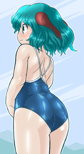 1girl animal_ears ass blush competition_school_swimsuit from_behind green_eyes green_hair kasodani_kyouko school_swimsuit short_hair solo swimsuit touhou winn