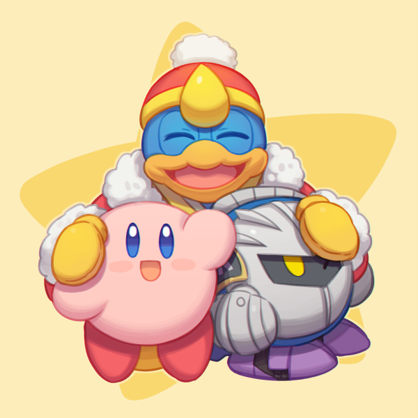 3boys bird blue_eyes blush_stickers closed_eyes hal_laboratory_inc. hat hoshi_no_kirby king_dedede kirby kirby_(series) kirby_(specie) male_focus mask meta_knight multiple_boys nintendo no_humans open_mouth penguin pink_puff_ball smile star wusagi2 yellow_eyes