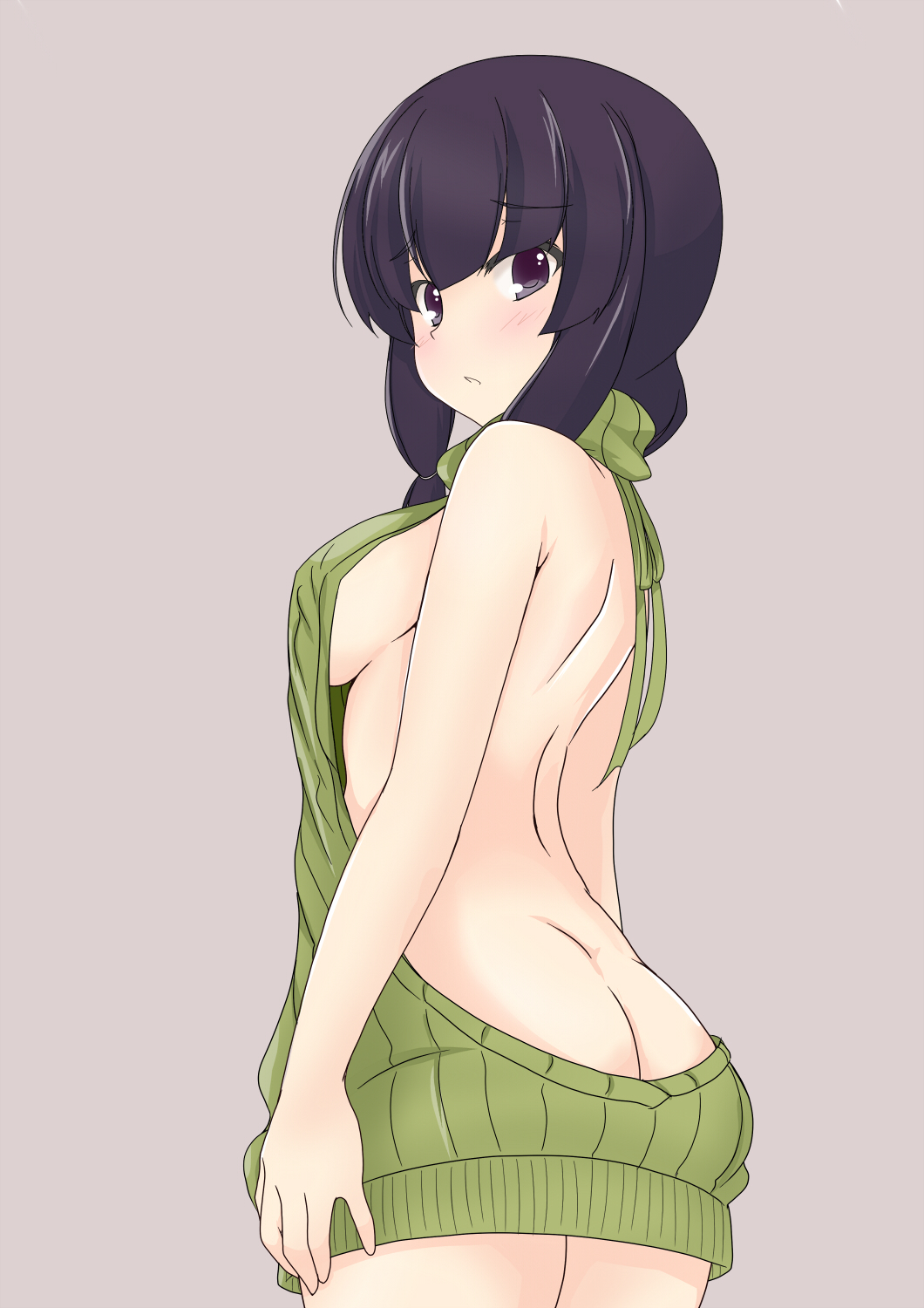 1girl ass backless_outfit bangs bare_arms bare_back bare_shoulders blunt_bangs braid breasts butt_crack cowboy_shot dress eyebrows_visible_through_hair from_behind green_sweater halterneck highres kantai_collection kiri_(foxsnake) kitakami_(kantai_collection) long_hair naked_sweater open_mouth ribbed_sweater sideboob sidelocks single_braid sweater sweater_dress triangle_mouth turtleneck turtleneck_sweater virgin_killer_sweater