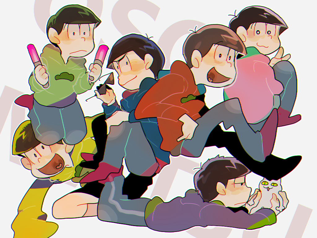 6+boys :3 :d bowl_cut brothers cat copyright_name damenaito glowstick heart heart_in_mouth hood hoodie kneeling legs_up looking_at_viewer looking_to_the_side lying male_focus matsuno_choromatsu matsuno_ichimatsu matsuno_juushimatsu matsuno_karamatsu matsuno_osomatsu matsuno_todomatsu messy_hair multiple_boys on_stomach open_mouth osomatsu-san pants sextuplets shorts siblings smile sunglasses v