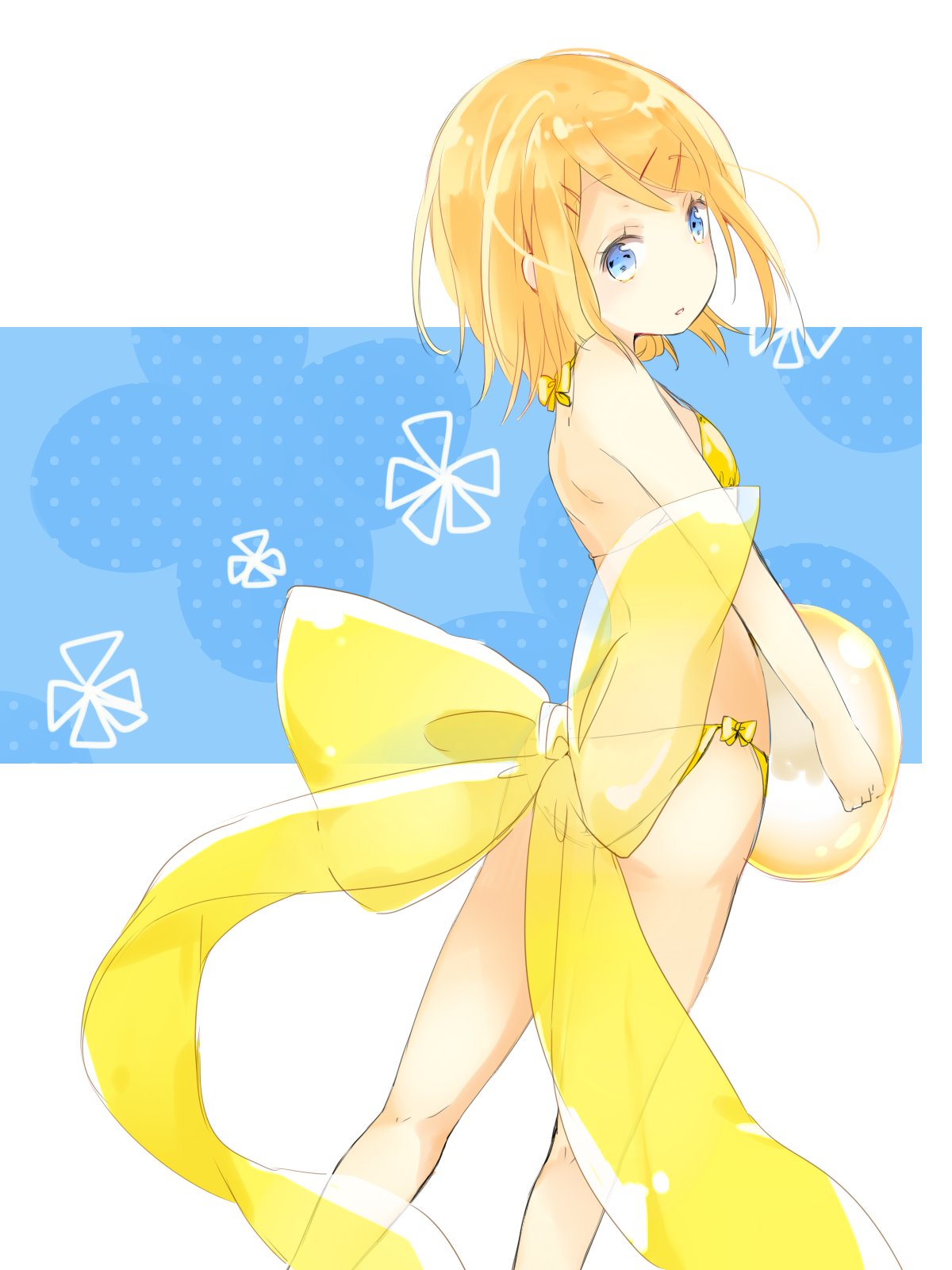 1girl ass bikini blonde_hair blue_eyes blush bow breasts from_behind hair_ornament hairclip highres holding kagamine_rin large_bow looking_at_viewer oyamade_(pi0v0jg) parted_lips short_hair side-tie_bikini small_breasts solo standing swimsuit vocaloid yellow_bikini yellow_bow
