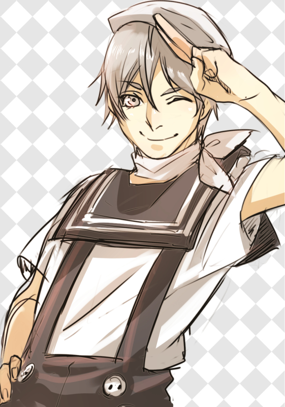 1boy ;) grey_background grey_eyes hand_on_hip hat hiiragi_tsuyoto idol looking_at_viewer male_focus one_eye_closed patterned_background salute serisawa short_sleeves shounen_hollywood silver_hair smile solo suspenders two-finger_salute upper_body