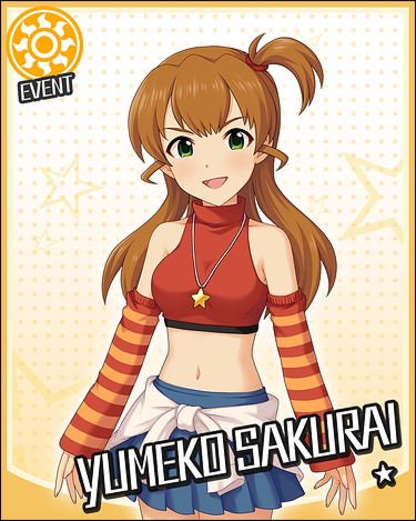 1girl artist_request bangs bare_shoulders brown_hair card_(medium) clothes_around_waist green_eyes idolmaster idolmaster_cinderella_girls idolmaster_dearly_stars jewelry long_hair looking_at_viewer lowres midriff navel necklace official_art open_mouth pleated_skirt sakurai_yumeko side_ponytail skirt smile solo star striped sweater_around_waist turtleneck