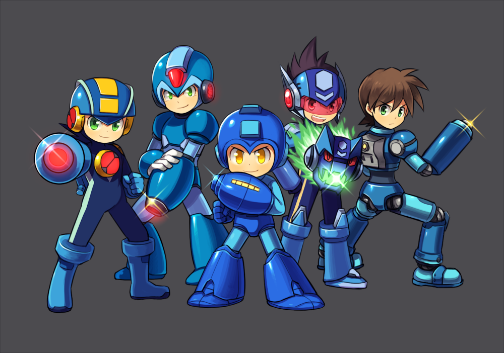 5boys :d aiming_at_viewer alternate_eye_color android arm_cannon bodysuit brown_hair capcom clenched_hand frown full_body glowing glowing_weapon green_eyes grey_background helmet looking_at_viewer looking_back male_focus multiple_boys multiple_persona nintendo open_mouth outstretched_arm pose rock_volnutt rockman rockman_(character) rockman_(classic) rockman_dash rockman_exe rockman_exe_(character) rockman_x round_teeth ryuusei_no_rockman serious shiny short_hair simple_background smile standing super_smash_bros. teeth visor weapon wusagi2 x_(rockman) yellow_eyes