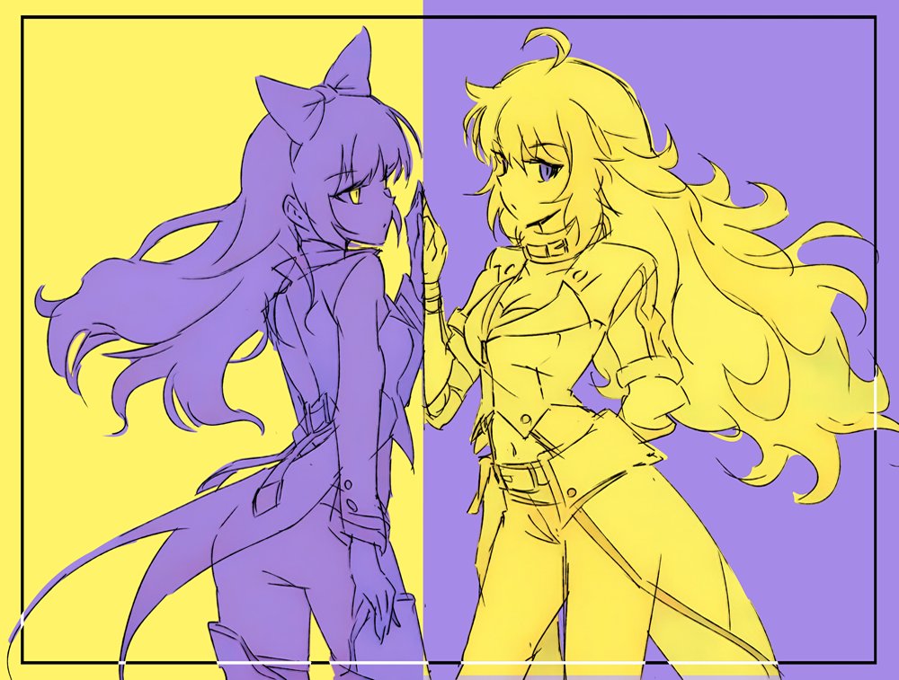 2girls ahoge blake_belladonna bow breasts cleavage color_connection commentary hair_bow iesupa inverted_colors jacket long_hair multiple_girls navel pants purple_background rwby violet_eyes yang_xiao_long yellow_background yellow_eyes
