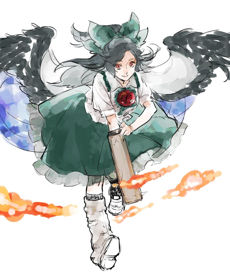 1girl arm_cannon asakura_noi ask_rnocco asymmetrical_legwear bird_wings black_hair black_wings boots bow cape feathered_wings fire green_bow green_skirt hair_bow long_hair long_skirt looking_at_viewer reiuji_utsuho sketch skirt smile solo touhou weapon white_boots wings