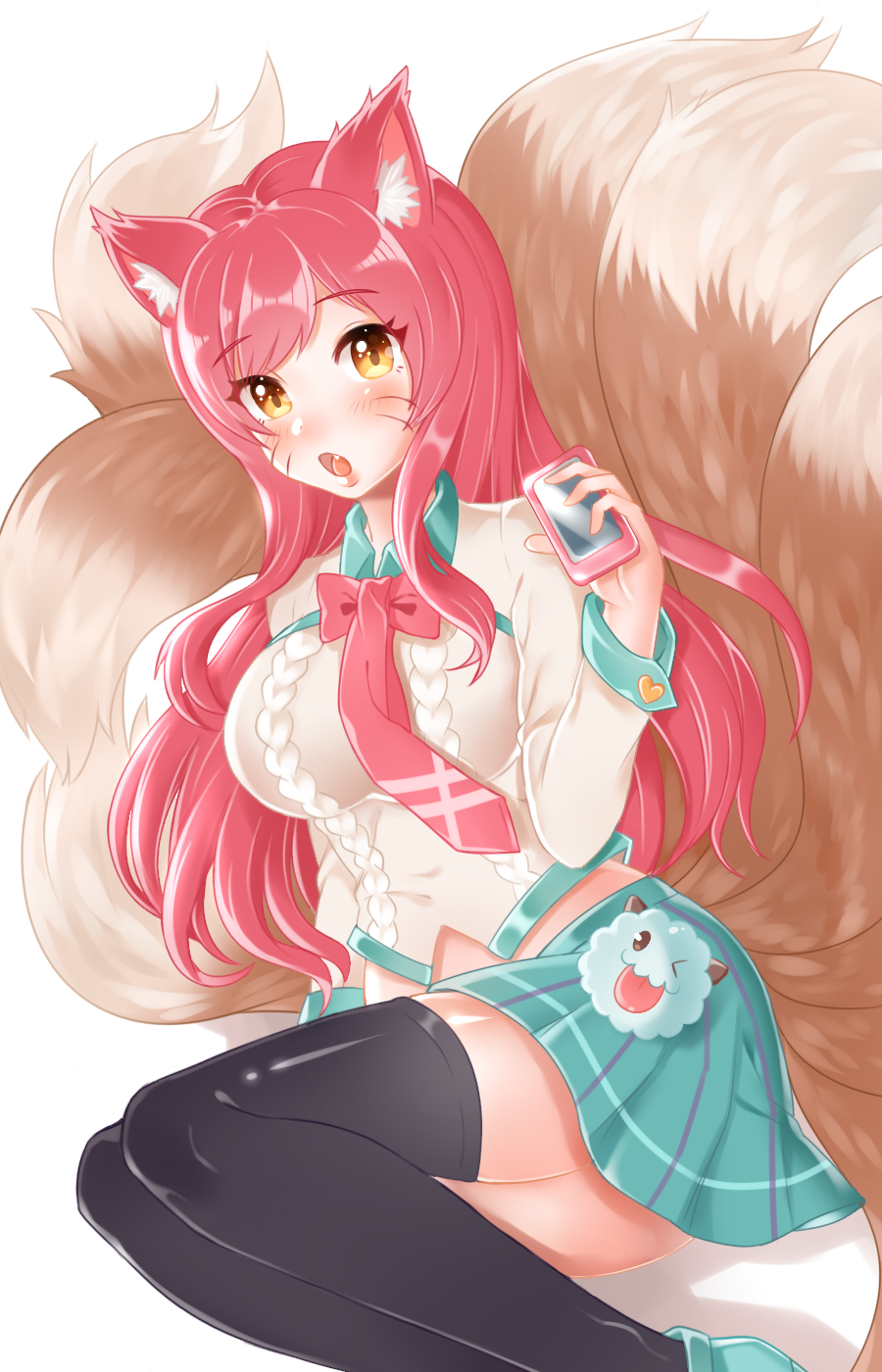 1girl academy_ahri ahri animal_ears black_legwear blush breasts fox_ears fox_tail hair_ornament hairclip heart_hair_ornament highres large_breasts league_of_legends long_hair looking_at_viewer midriff multiple_tails open_mouth redhead school_uniform simple_background skirt solo tail thigh-highs ubi_(ekdus6080) whisker_markings white_background yellow_eyes