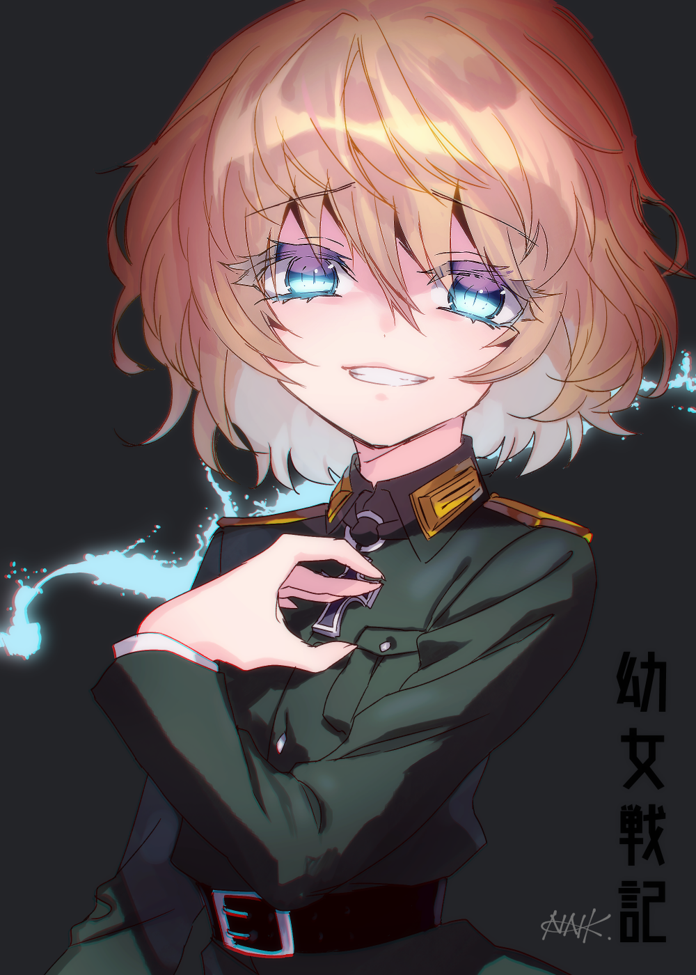 1girl belt blonde_hair blue_eyes buckle grey_background grin hair_between_eyes hand_on_own_chest highres iron_cross long_sleeves looking_at_viewer military military_uniform nanaki_awa short_hair simple_background smile solo tanya_degurechaff uniform upper_body youjo_senki