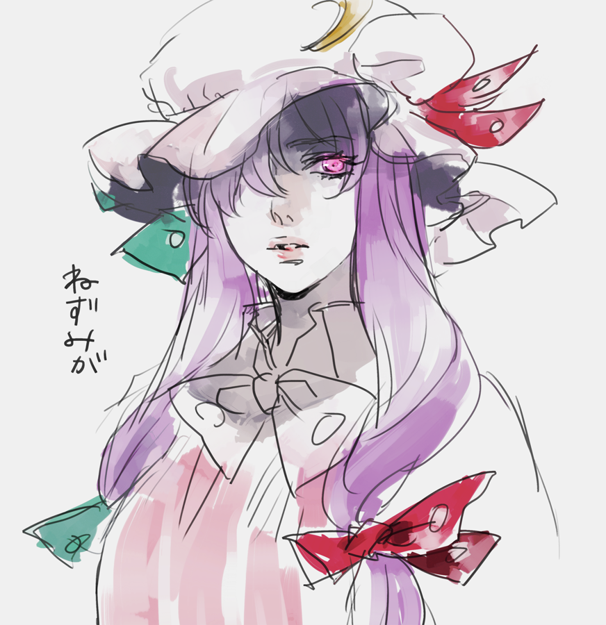 1girl asakura_noi bow bowtie capelet crescent crescent_moon_pin glowing glowing_eye grey_background hair_over_one_eye hat hat_ribbon lips long_hair mob_cap pajamas patchouli_knowledge purple_hair ribbon sketch solo touhou translated upper_body violet_eyes